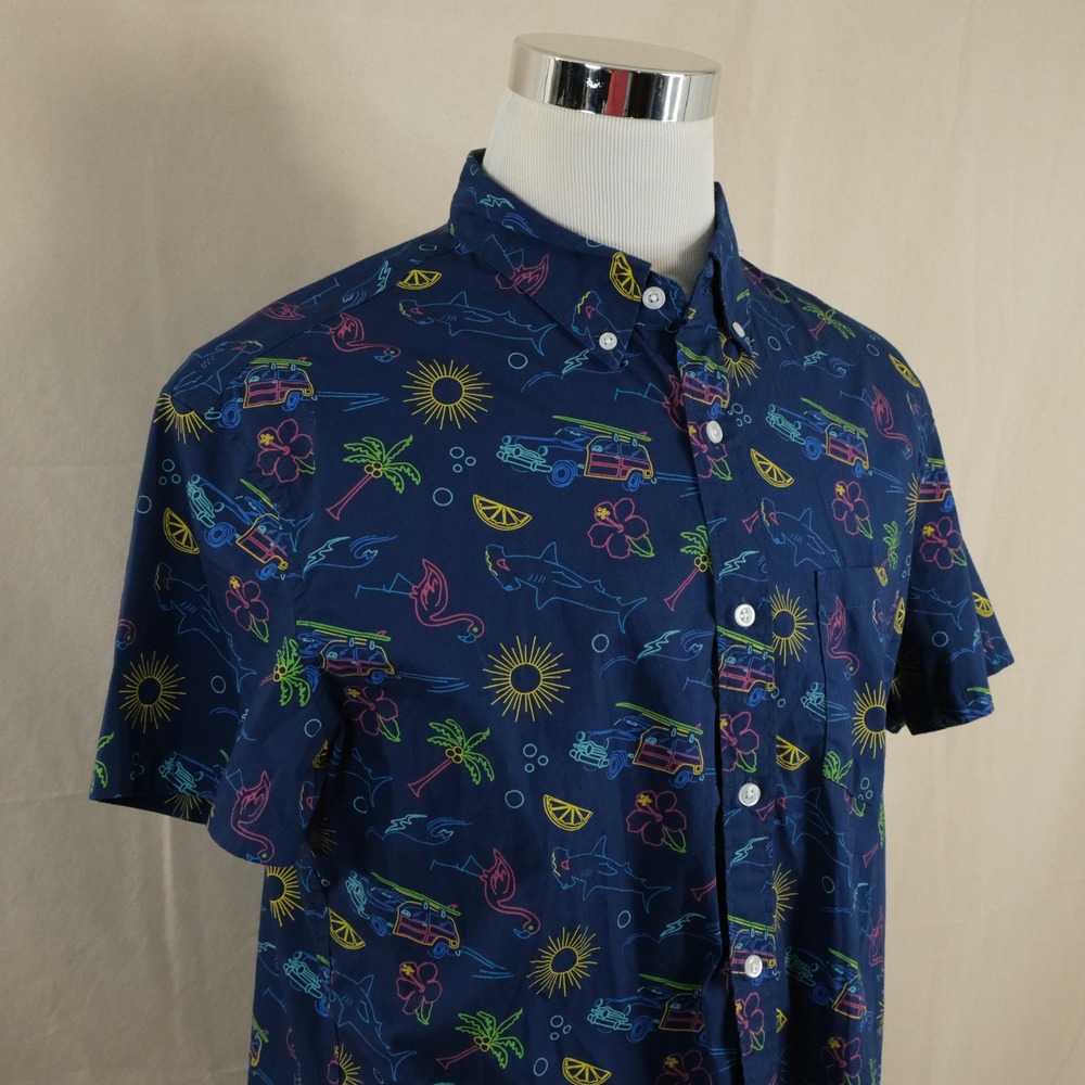 J.Crew Large Slim Hawaiian Shirt Navy Neon Flamingo Shark Tropical Woodie Mens
